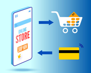 Wall Mural - Online shopping banner with smartphone and cart. Vector illustration.