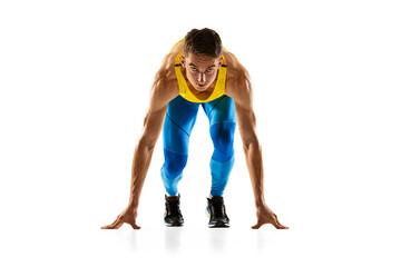 Caucasian professional male athlete, runner training isolated on white studio background. Muscular, sportive man. Concept of action, motion, youth, healthy lifestyle. Copyspace for ad.