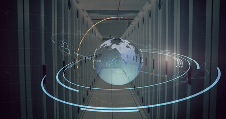 Poster - Globe with digital rings in a hallway 4k