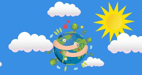 Sticker - Composition of arms hugging globe over blue sky, sun and clouds background