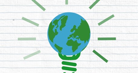 Poster - Composition of globe light bulb over white lined paper background