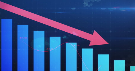 Poster - image of financial statistics, data processing with red arrow descending and bubbles