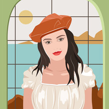 Portrait Of Woman In Beret, French Look, Outfit. Trendy Modern Illustration For Avatar, Profile Picture, Fashion Design, Catalogue, Advertising. 
