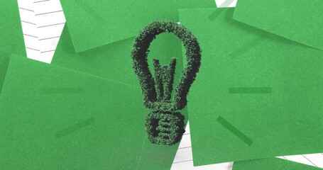 Poster - Animation of plant light bulb over green and lined paper background