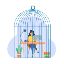 Woman Employee Working With Computer In A Giant Cage Flat Design On White Background. Tired And Unhappy Company Worker.