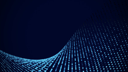 Fototapete - Blue dynamic particles wave. Embossed mesh representing internet connections, cloud computing and neural networks. Data flow. Technology background. 3d rendering.