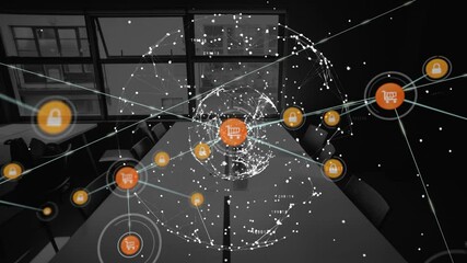 Poster - Animation of network of connections with icons over cityscape