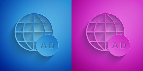 Poster - Paper cut Advertising icon isolated on blue and purple background. Concept of marketing and promotion process. Responsive ads. Social media advertising. Paper art style. Vector