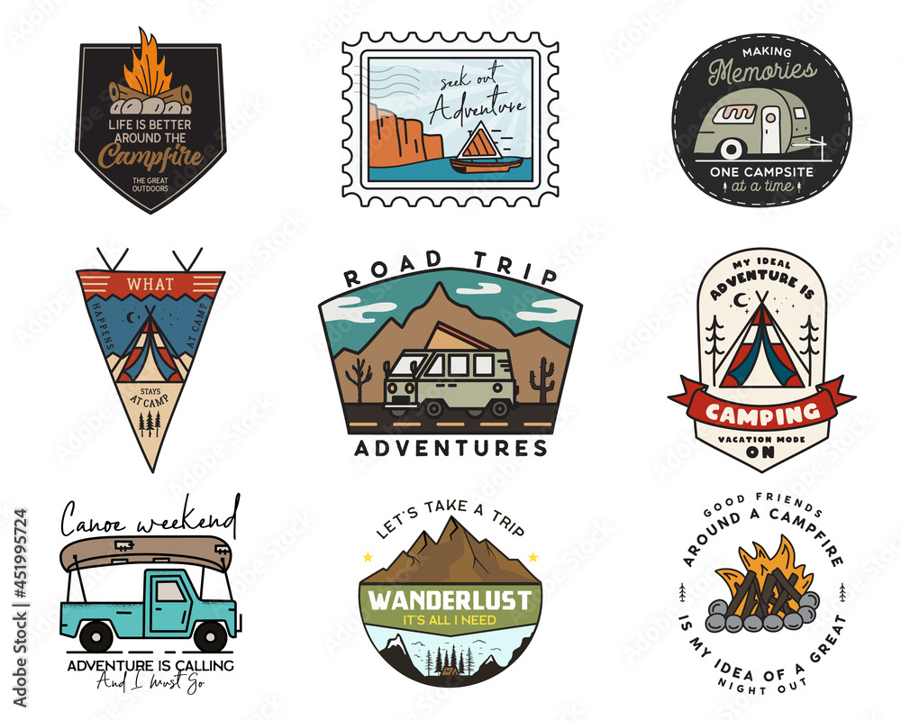 Camping adventure badges logos set, Vintage travel emblems. Hand drawn stickers designs bundle. Hiking road trip, rv, canoe labels. Outdoor camper insignias. Logotypes collection. Stock . - obrazy, fototapety, plakaty 