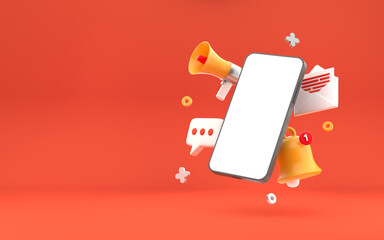 Poster -  Smartphone Trend Social Media Platform, online social communication applications concept, message, notification and chat bubble floating with smartphone on bright red background. 3d rendering
