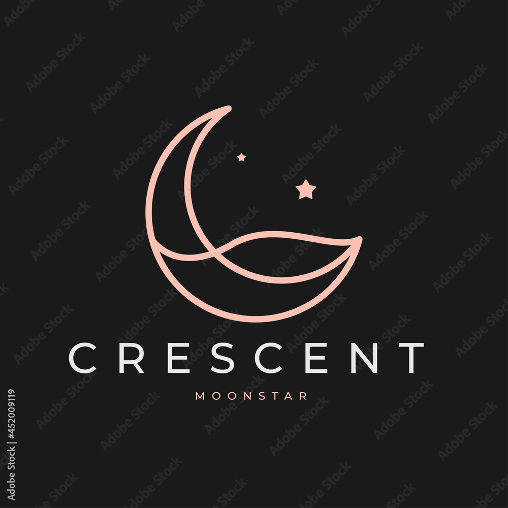 elegant crescent moon and star logo design line icon vector in luxury ...