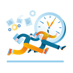 Wall Mural - A man and a woman try to catch up with the clock. Concept of a vector illustration on the topic of time management.