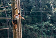 © SuperStock - Man standing at top of poll ready to balance on suspended rope at outdoor ropes course