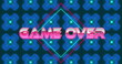 Image of game over text in pink metallic letters over neon diamonds and blue kaleidoscope shapes