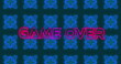 Image of game over text in pink metallic letters over neon diamonds and blue kaleidoscope shapes