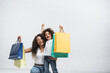 © LIGHTFIELD STUDIOS - excited african american mom and daughter with multicolored shopping bags on grey