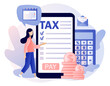 Online Tax payment. Business concept. Tiny woman filling tax form and pay bills on smartphone. Financial charge, obligatory payment calculating. Modern flat cartoon style. Vector illustration 