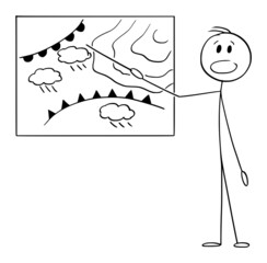 weather news reporter informing in television about rainy weather, vector cartoon stick figure illus