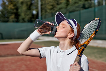 Wall Mural - Beautiful caucasian female tennis player on hardcourt, having rest, drinking of fresh water, relaxing, fit lady taking a break during hard game at summer day. Portrait of lady in white unifrom