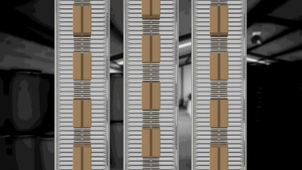 Poster - Animation of cardboard boxes moving on conveyor belts over warehouse