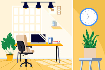 Workplace at home with office desk, chair, computer and plants. Work cabinet design. Empty office workspace room interior. Cartoon vector interior illustration.