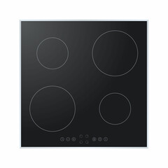 Wall Mural - Electric stove induction cooktop with four power boost burners. Domestic equipment. Realistic smooth surface ceramic black glass. Electric hob. Top view. Home appliance. Vector illustration