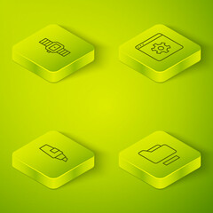 Poster - Set Isometric line Browser setting, Marker pen, Document folder and Wrist watch icon. Vector