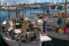 Moored Fishing Boat At Sea Port San Antonio De Portmany, Balearic Islands, Ibiza, Spain. Sunny Spring Day.