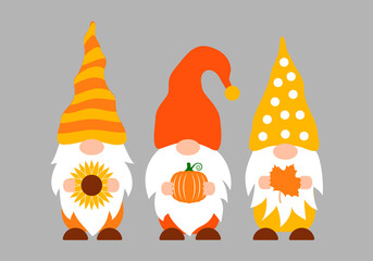 Autumn gnomes. Fall decorations. Cute cartoon characters. Vector template for banner, poster, greeting card, t-shirt, etc