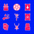 © Vadim - Set Magic staff, Pentagram on necklace, Bottle with potion, Ancient magic book, Three tarot cards, Sparkle stars trick, and Magician hat and rabbit ears icon. Vector