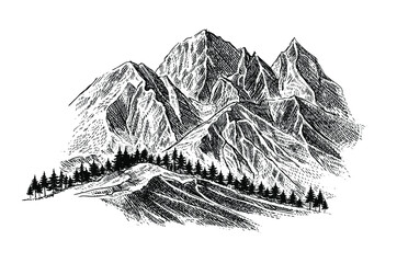 Mountain with pine trees and landscape black on white background. Hand-drawn rocky peaks in sketch style. Handcrafted illustration. Backpacking tourism, adventure and summer vacation concept.