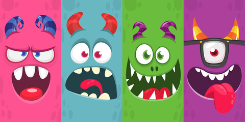 Funny cartoon monster faces emotions set. Illustration of mythical alien creatures different expression. Halloween party design. Great package design.