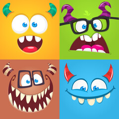 Funny cartoon monster faces emotions set. Illustration of mythical alien creatures different expression. Halloween party design. Great package design.