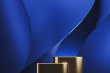 Two golden platform on blue abstract background. abstract background for product presentation or ads. 3d rendering