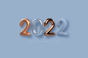 Wall Mural - 2022 New Year sign. 3d metallic golden or copper with blue numbers on blue background. Gold realistic 2022. Vector illustration.
