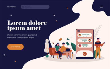 Poster - people chatting online. using gadgets, phone screen with messenger interface flat vector illustratio