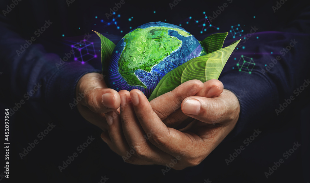 ESG Concept. Nature Meet Technology. Green Energy, Renewable and Sustainable Resources. Environmental and Ecology Care. Hand Embracing Green Leaf and Globe - obrazy, fototapety, plakaty 