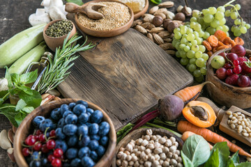 Wall Mural - Large collection of the worlds healthiest foods very high in antioxidants, anthocyanins, fibre, protein, omega 3, lycopene, vitamins, minerals. Plant based vegan health foods for ethical eating.