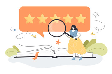Poster - Tiny female person with magnifier giving book good review. Girl reading book for research, analysis of service quality flat vector illustration. Literature, feedback, satisfaction rating concept