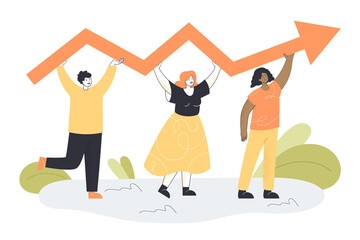 Wall Mural - Tiny business persons holding arrow together. Professional development scene, job progress flat vector illustration. Success, teamwork, career growth concept for banner, website design or landing page