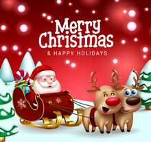 Merry Christmas Vector Design. Merry Christmas Greeting Text With Santa Claus Character Riding Sleigh In Xmas Eve For Holiday Gift Giving Season. Vector Illustration.
