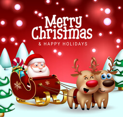 merry christmas vector design. merry christmas greeting text with santa claus character riding sleig
