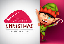 Christmas Elf Vector Template Design. Merry Christmas Greeting Text In White Empty Space With Cute And Friendly Elf Kid Character For Xmas Holiday Celebration. Vector Illustration.
