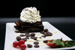 Selective focus shot of a brownie with whipped cream on a decorated plate