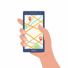 Poster - Cellphone with map on screen in human hand. City map navigation app with map and location pin. Mobile app Interface concept design. Vector trendy flat illustration.