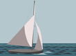 Illustration von Segelboot mit geblähten Segeln auf See oder Meer in gedeckten Farben Blau und Grau