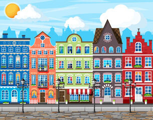 Canvas Print - Traditional European Town. Old City Street with Lamp and Paving Stones Road. Medieval Urban Landscape. Street with Colorful Houses in Different Architectural Styles. Cartoon Flat Vector Illustration