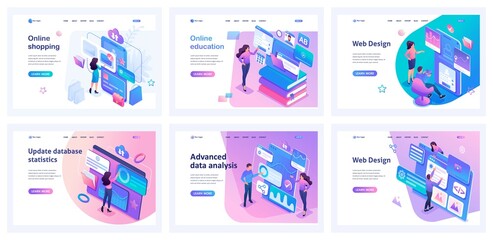 Poster - Collection of landing pages. Men and women use Mobile apps. Buying clothes, online training, creating web design. Isometric characters