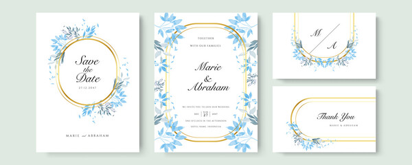 Wedding invitation card template set with white rose bouquet wreath leave watercolor painting