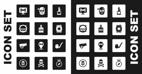 Sticker - Set Alcohol drink Rum, Ship porthole with seascape, Location pirate, Gun powder barrel, Skull, Smoking pipe and Cannon icon. Vector